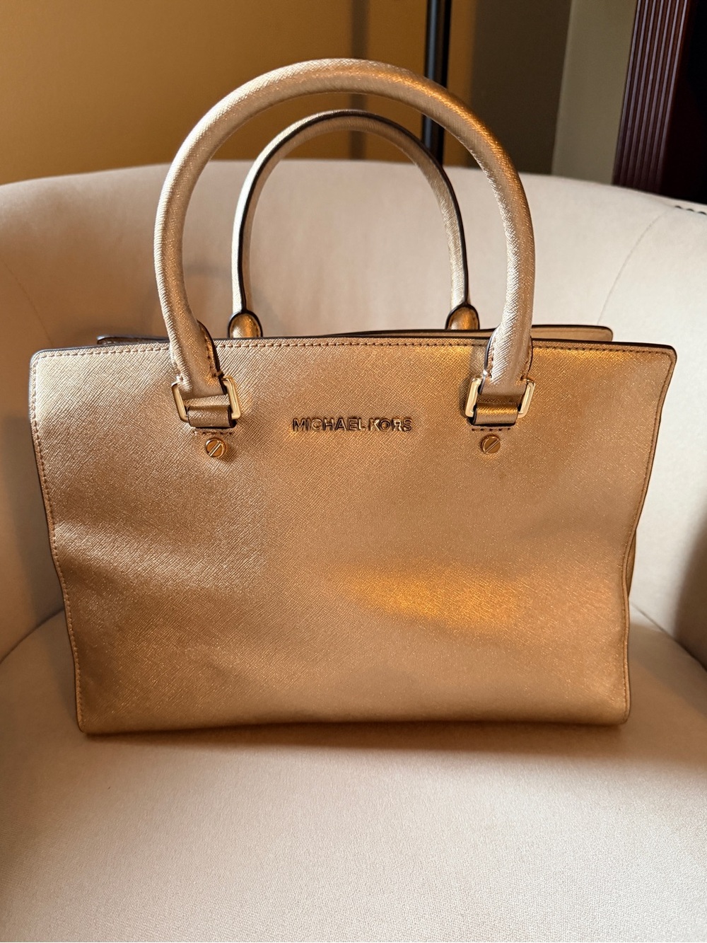 Michael Kors Selma Satchel, Metallic Soft Gold Saffiano Leather